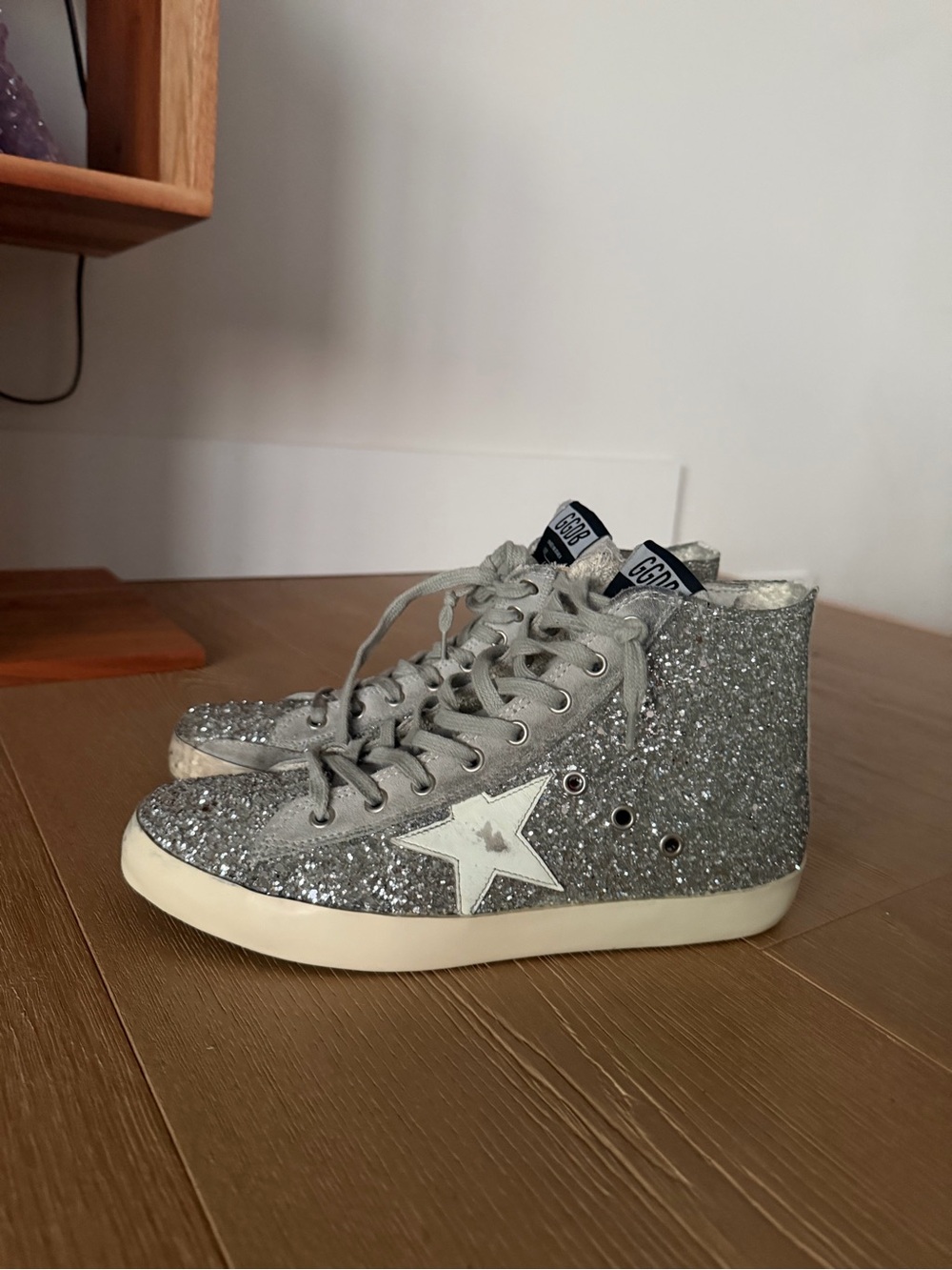 Golden Goose Silver Glitter High-Top Francy Sneakers Size 39 - Picture 2 of 4